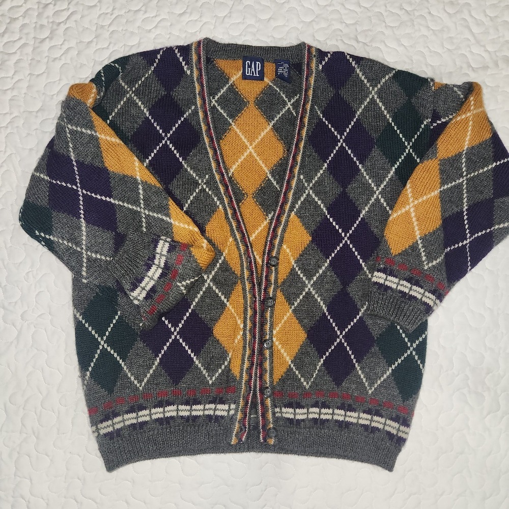 Vtg 90s Wool Argyle Cardigan Sweater  Dark Preppy Old Money gold grey Medium 38